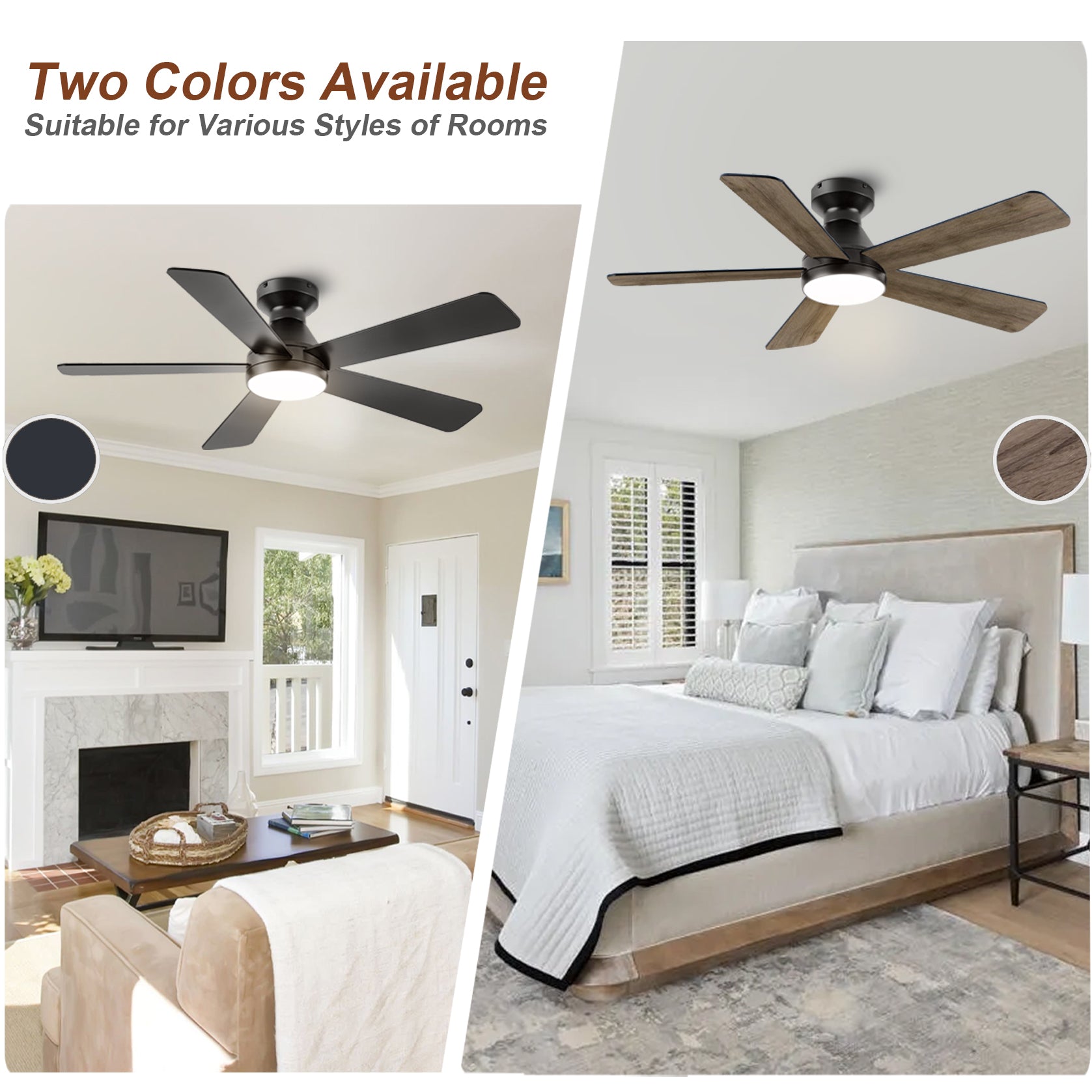 Ceiling Fans with Lights, 52 inch Low Profile Ceiling fan with Light and Remote Control, Flush Mount, Reversible, 3CCT, Dimmable, Noiseless, Black Ceiling Fan for Bedroom, Indoor/Outdoor Use image 2