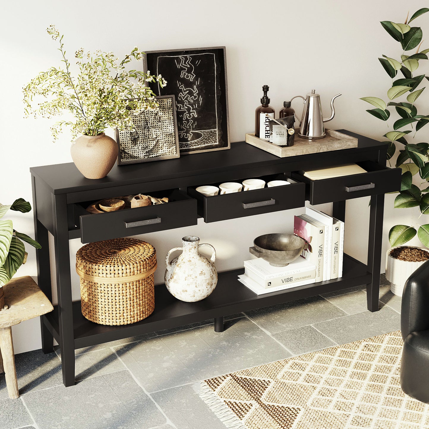 U_STYLE 59.1'' Farmhouse Entryway Table with 3 Drawers, Painted Console Table with Bottom Shelf & Iron Handles, Minimalist Sofa Table for Living Room, Hallway, Kitchen, Bedroom, Office image 1