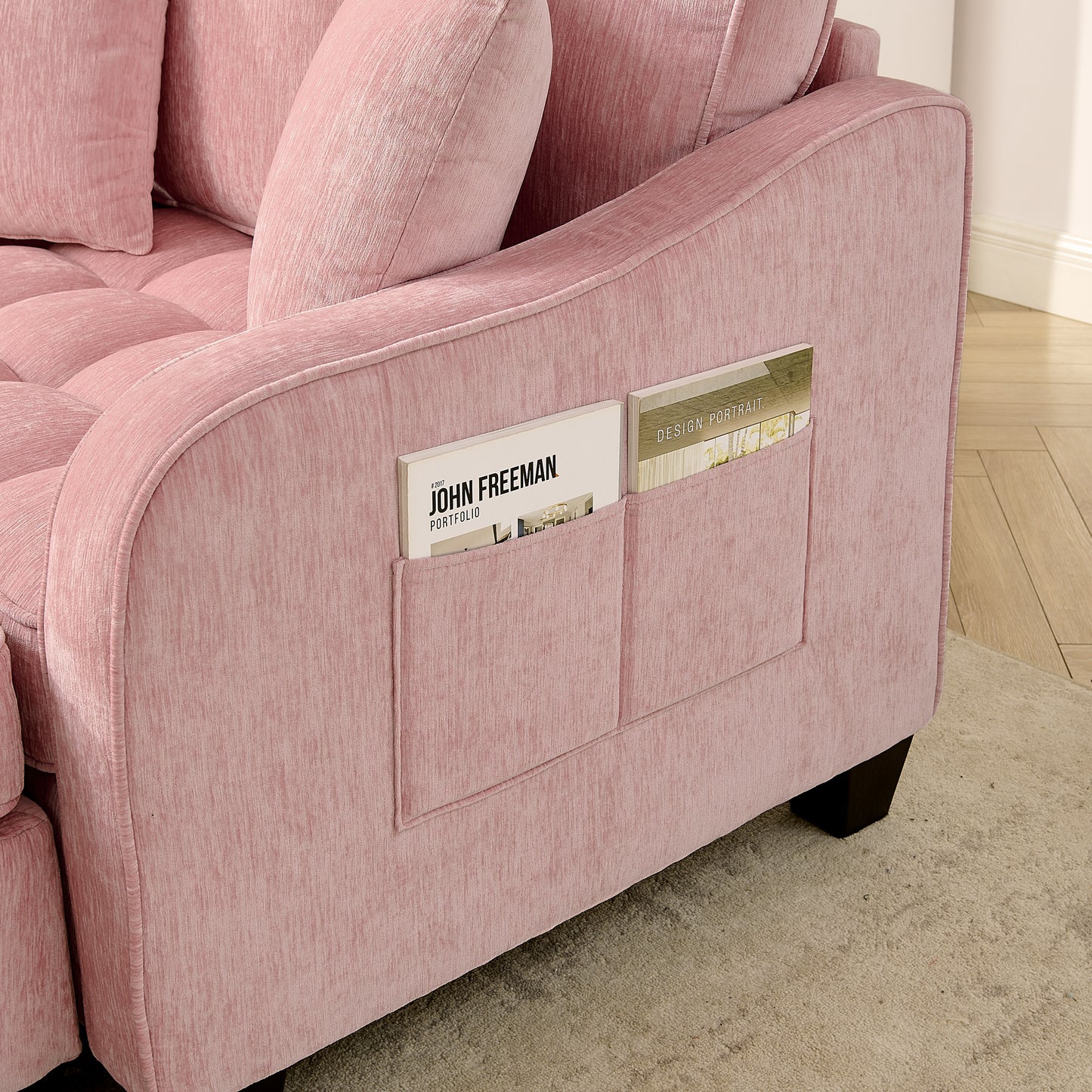 Two-seater sofa, double sofa chaise longue, with irregular armrests and backrests, footrest with storage space, comes with two small throw pillows, suitable for living room and bedroom -Pink image 6