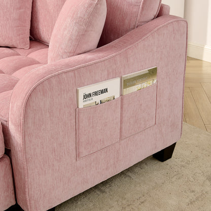 Two-seater sofa, double sofa chaise longue, with irregular armrests and backrests, footrest with storage space, comes with two small throw pillows, suitable for living room and bedroom -Pink image 6
