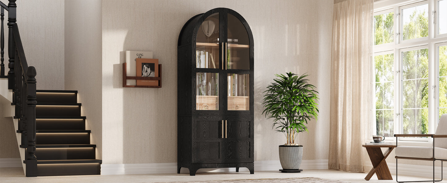 K&K 71" Tall Arched Kitchen Pantry Cabinet with Door Shelves, Farmhouse Kitchen Storage Cabinet with Open & Adjustable Shelves, Hidden Drawer & Glass Door, Cupboard for Kitchen, Dining Room, Black image 11
