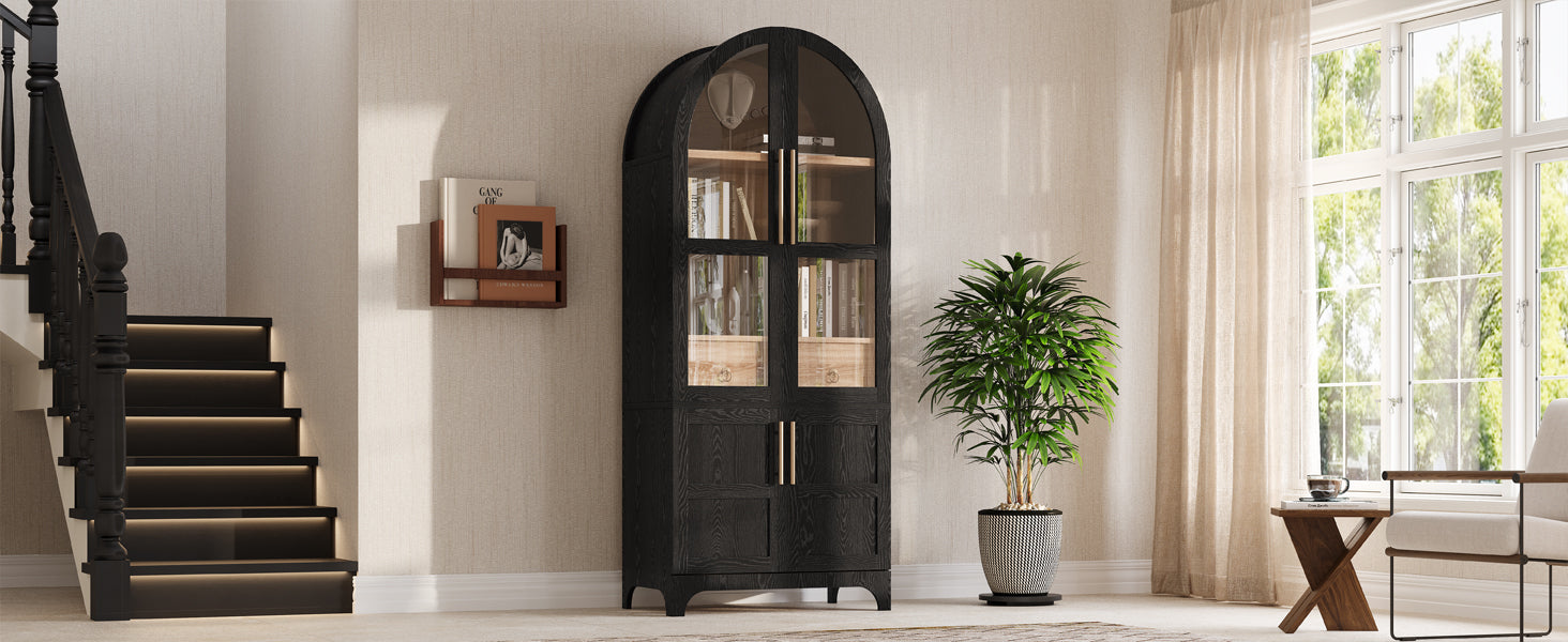 K&K 71" Tall Arched Kitchen Pantry Cabinet with Door Shelves, Farmhouse Kitchen Storage Cabinet with Open & Adjustable Shelves, Hidden Drawer & Glass Door, Cupboard for Kitchen, Dining Room, Black image 11