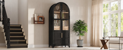 K&K 71" Tall Arched Kitchen Pantry Cabinet with Door Shelves, Farmhouse Kitchen Storage Cabinet with Open & Adjustable Shelves, Hidden Drawer & Glass Door, Cupboard for Kitchen, Dining Room, Black image 11