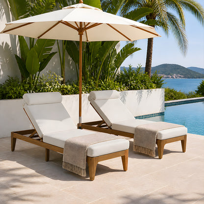 TOPMAX Acacia Wood Chaise Lounge, Outdoor Sun Lounge Chair, Patio Recliner with Adjustable Backrest and Head Pillow for Poolside, Backyard, Garden, Indoor&Outdoor, set of 2, Beige image 3