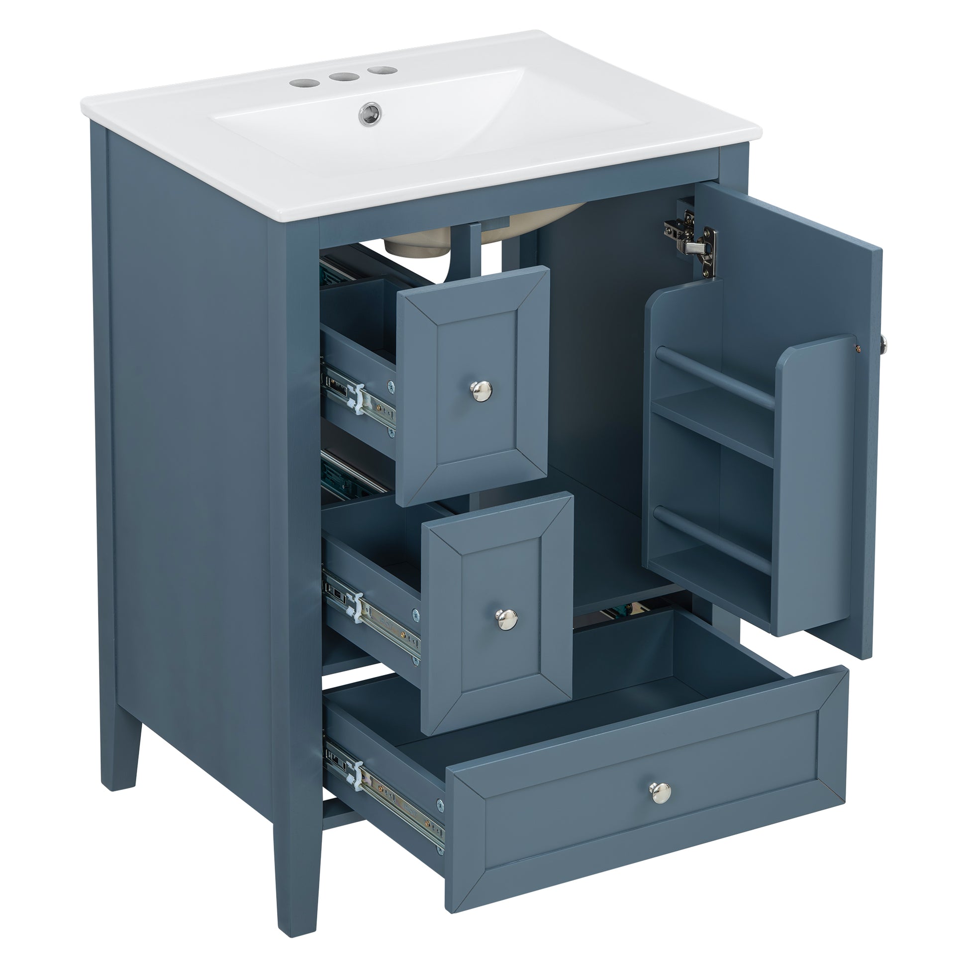 [Video] 24" Modern Blue Gray Bathroom Vanity with Ceramic Sink, Solid Wood Legs, Soft-Close Drawers & Door, Storage Rack, Painted Surface Finish image 12