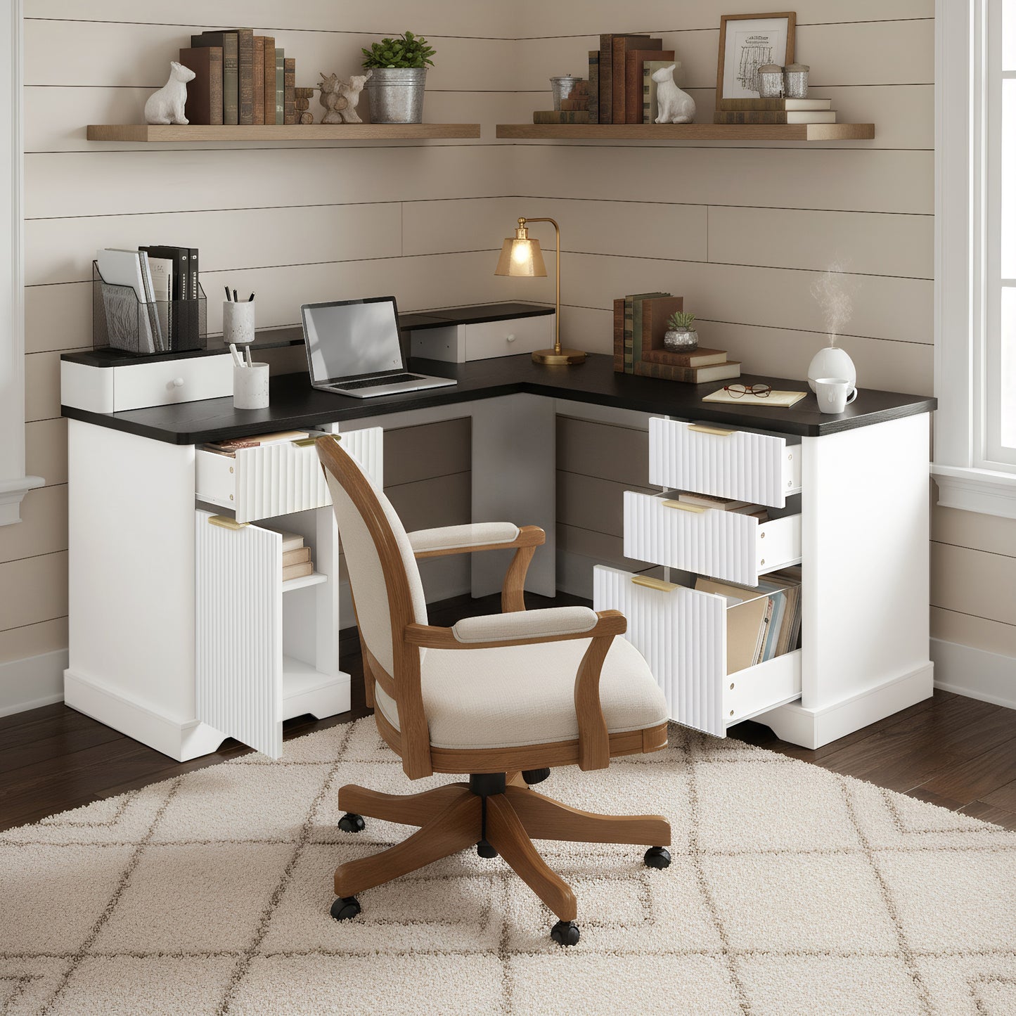 59" Modern Fluted L-Shaped Desk with Charging Station & Storage Cabinet - Home Office Computer Desk with Monitor Stand, File Drawer and Removable Support Shelf for Study, Home Office, White image 4
