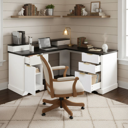 59" Modern Fluted L-Shaped Desk with Charging Station & Storage Cabinet - Home Office Computer Desk with Monitor Stand, File Drawer and Removable Support Shelf for Study, Home Office, White image 4