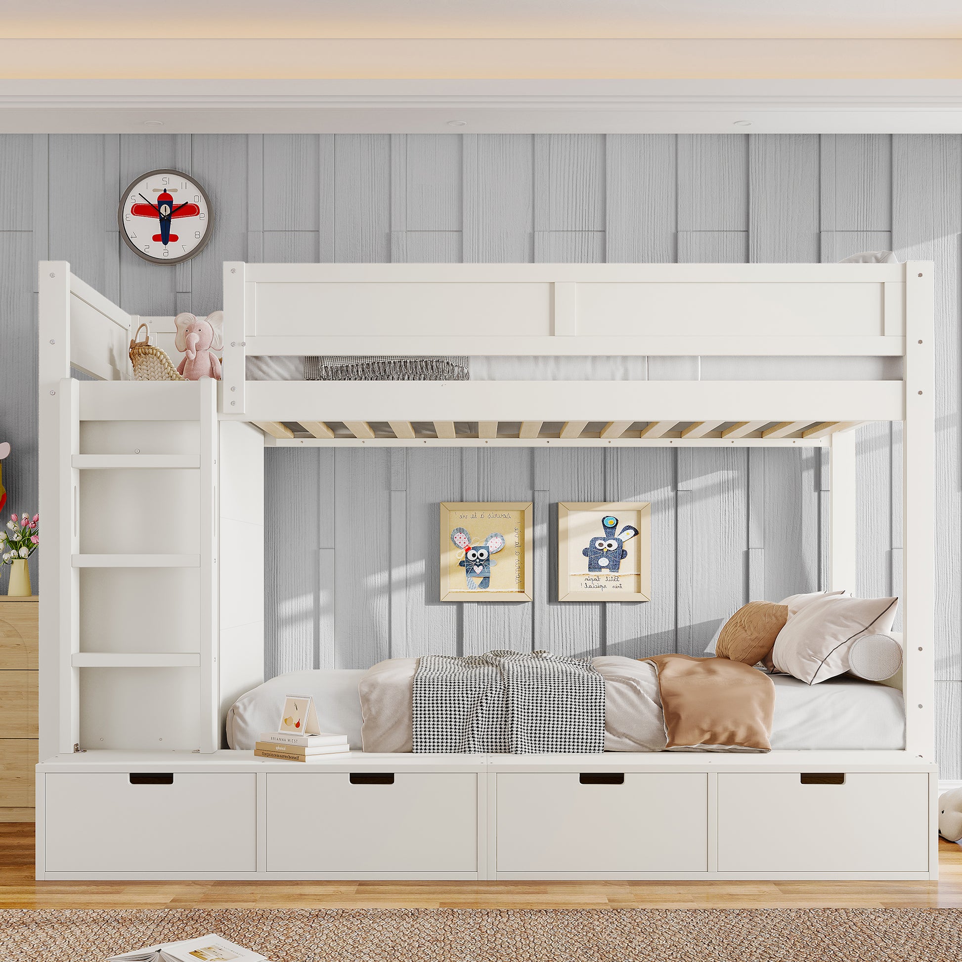 Twin over Twin Bunk Bed with 4 Storage Drawers, Solid Wood Bunk Bed with Built-in Wardrobe and Full-length Guardrails, No Box Spring Needed, Ivory image 2