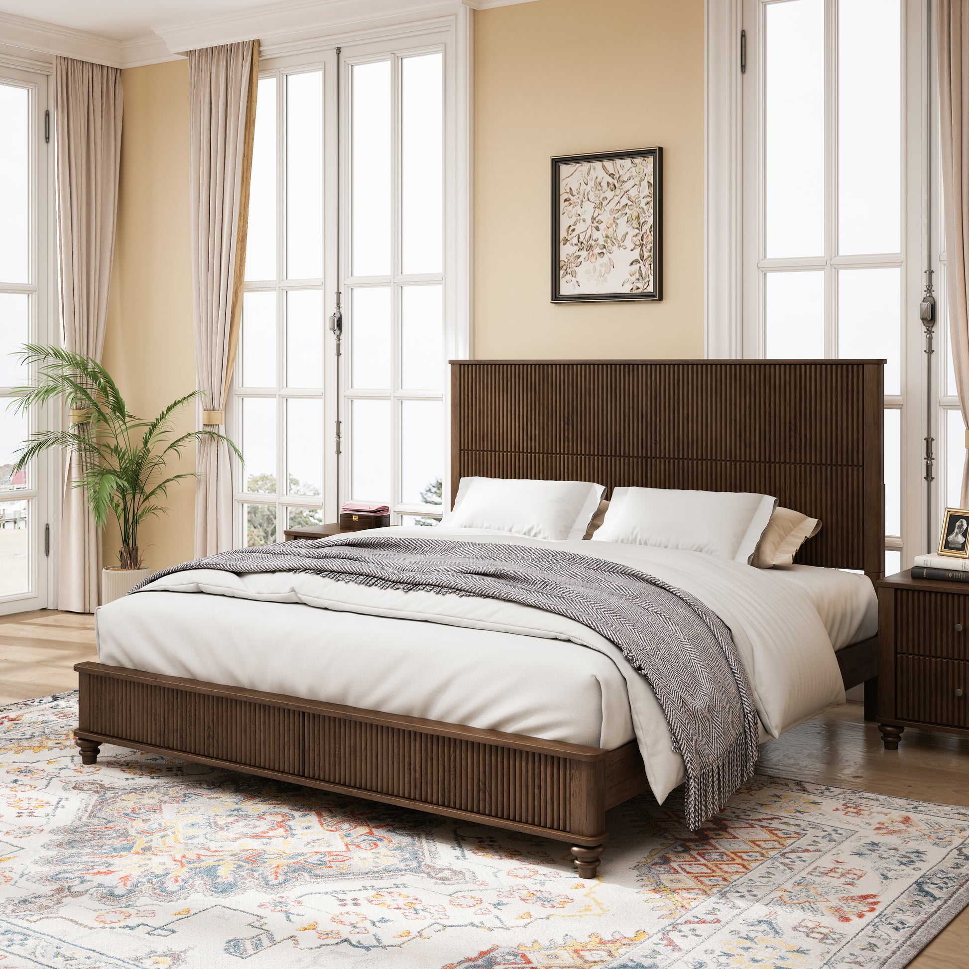 Solid Wood Bed Frame,King Platform Bed Frame with Headboard,Tall Headboard Natural Wood Bed,No Box Spring Needed,Walnut image 2
