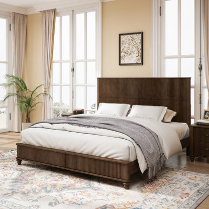 Solid Wood Bed Frame,King Platform Bed Frame with Headboard,Tall Headboard Natural Wood Bed,No Box Spring Needed,Walnut image 2