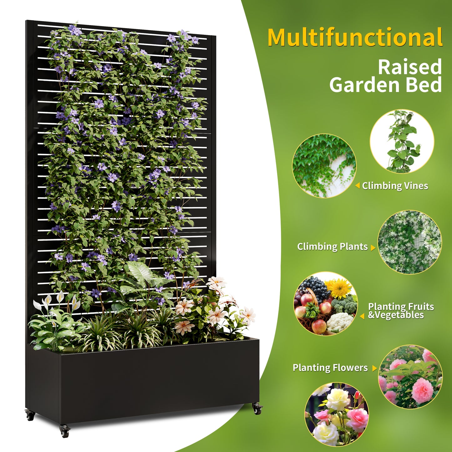Metal Planter Box with Trellis, 73"x35"x16 Metal Raised Garden Bed with Trellis, Metal Planter Box with Drainage Holes & Lockable Wheels & Privacy Screen for Climbing Plants, Vegetables, Vines image 10