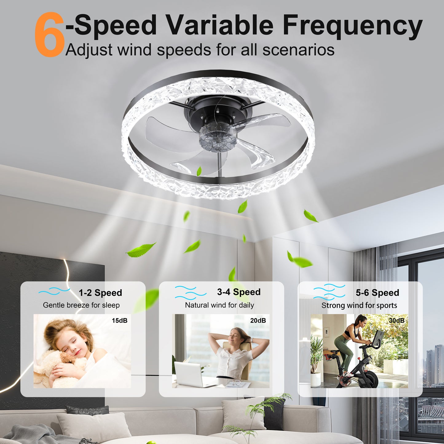19.7" Ceiling Fans with Lights Remote and APP Control, Dimmable 3-Color and 6-Speed quiet DC Motor, BLACK Ceiling Fan for Living Room Bedroom image 6