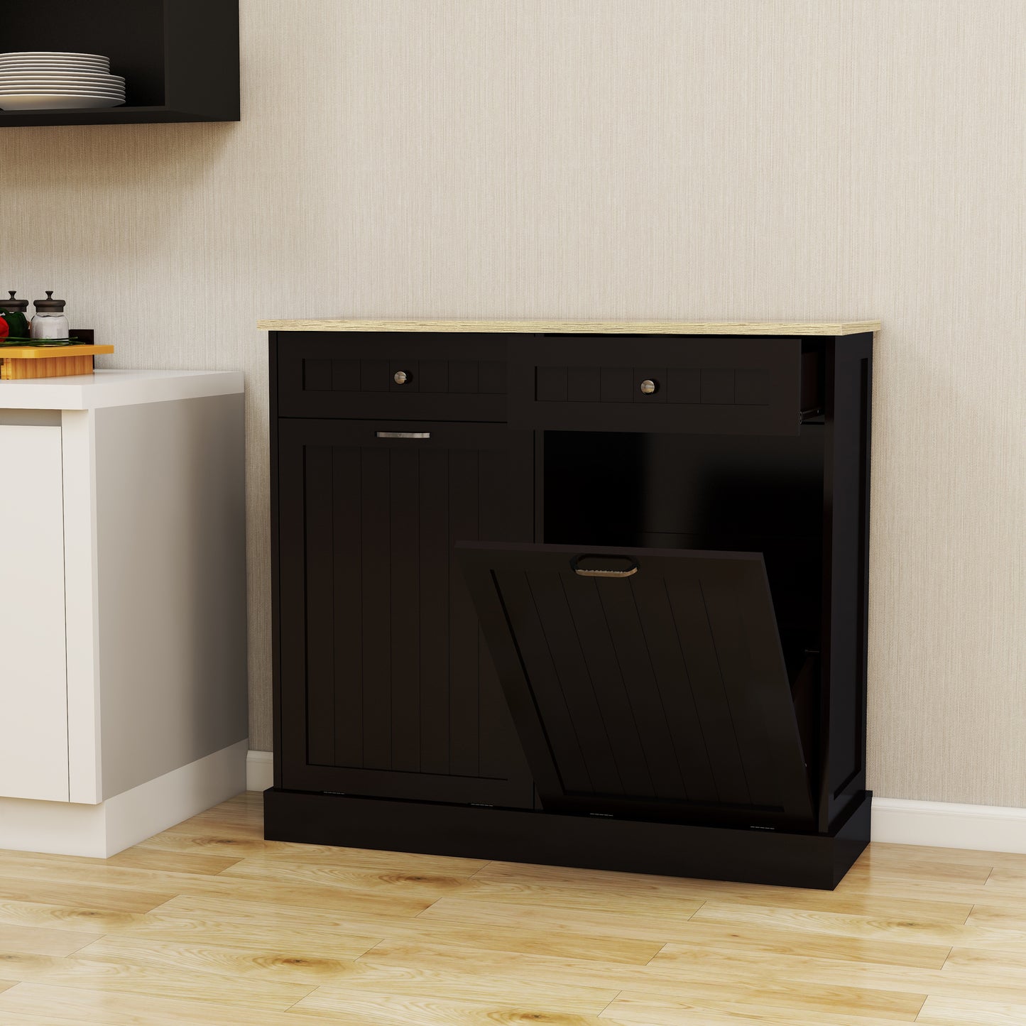 Two Drawers and Two-Compartment Tilt-Out Trash Cabinet Kitchen Trash Cabinet-Black image 6