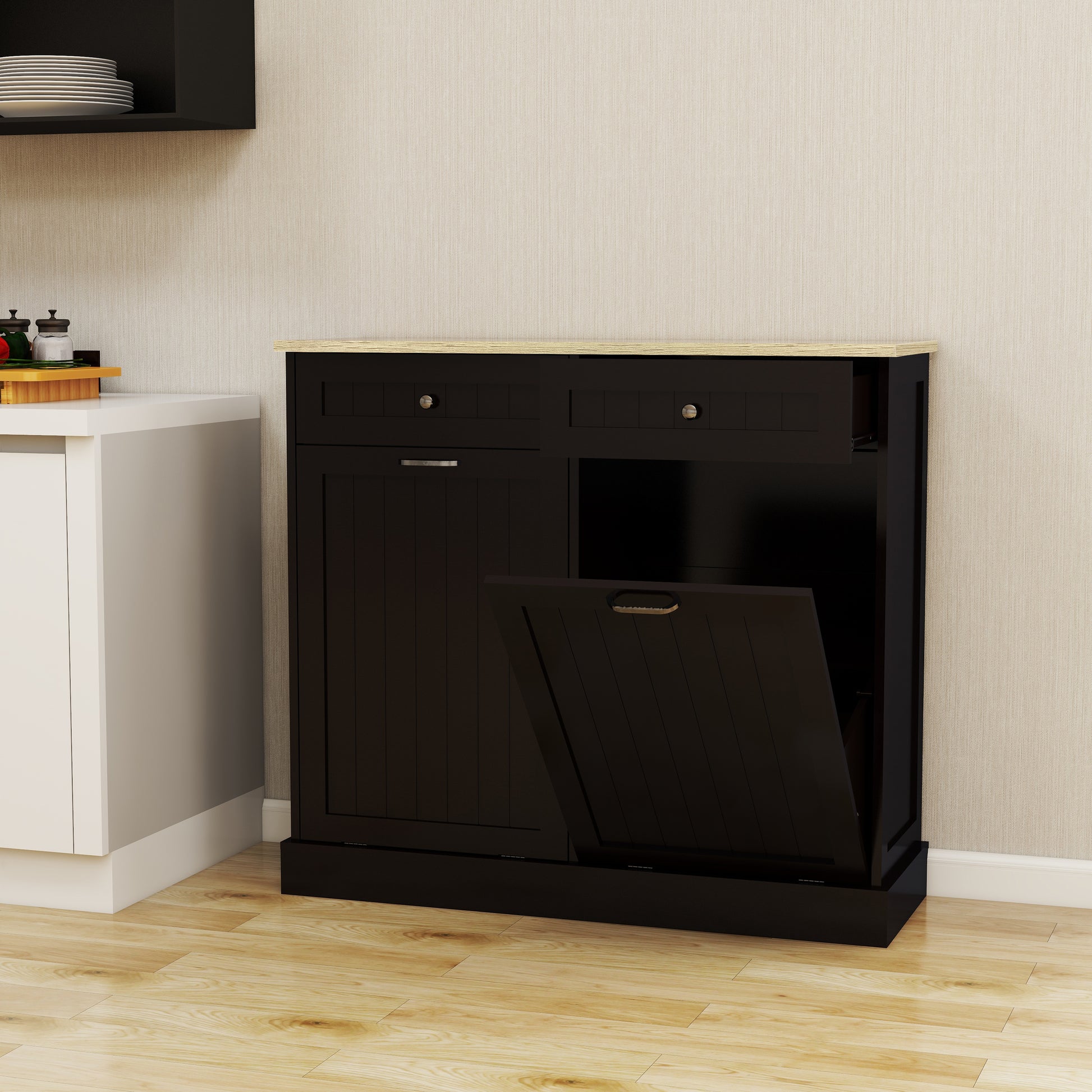 Two Drawers and Two-Compartment Tilt-Out Trash Cabinet Kitchen Trash Cabinet-Black image 6