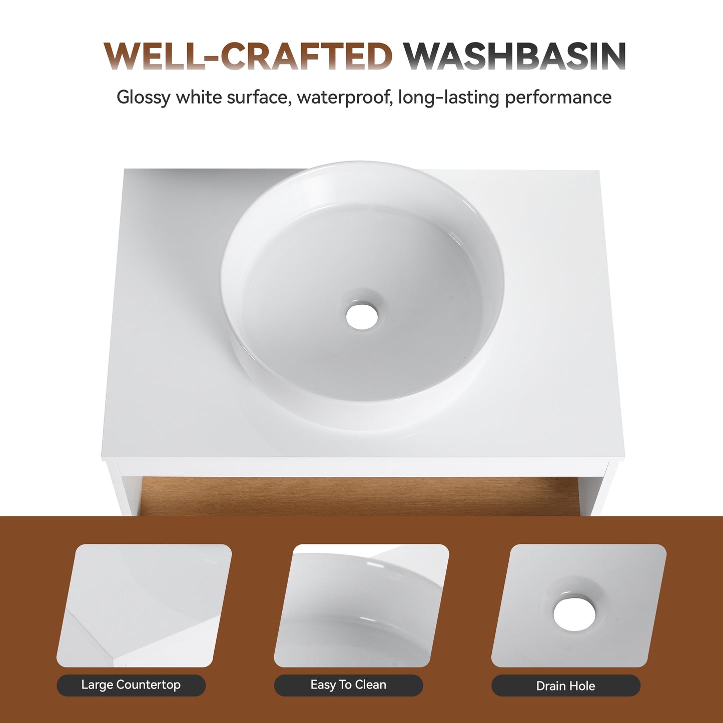 30" Floating Bathroom Vanity with Glossy White Round Vessel Sink, Wall-Mounted Vanity with Open Shelf Storage, White Finish with Durable Countertop, Space-Saving Modern Design (Ships in 2 Boxes) image 10