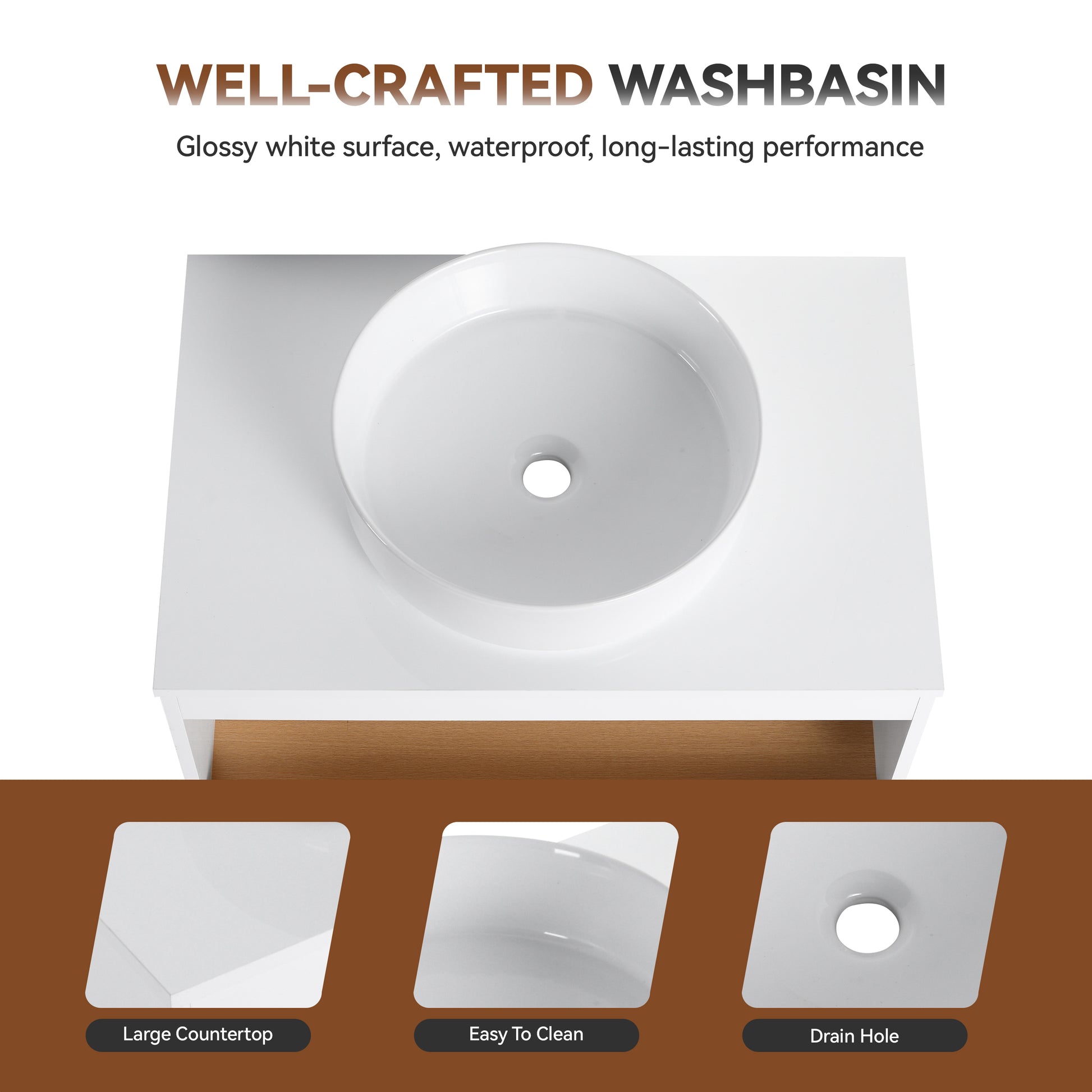 30" Floating Bathroom Vanity with Glossy White Round Vessel Sink, Wall-Mounted Vanity with Open Shelf Storage, White Finish with Durable Countertop, Space-Saving Modern Design (Ships in 2 Boxes) image 10