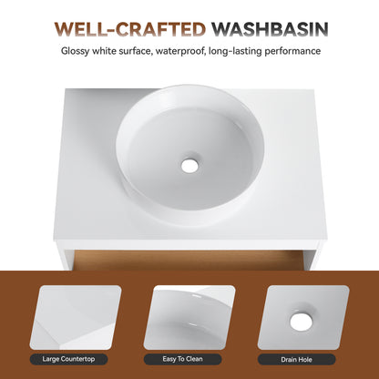 30" Floating Bathroom Vanity with Glossy White Round Vessel Sink, Wall-Mounted Vanity with Open Shelf Storage, White Finish with Durable Countertop, Space-Saving Modern Design (Ships in 2 Boxes) image 10