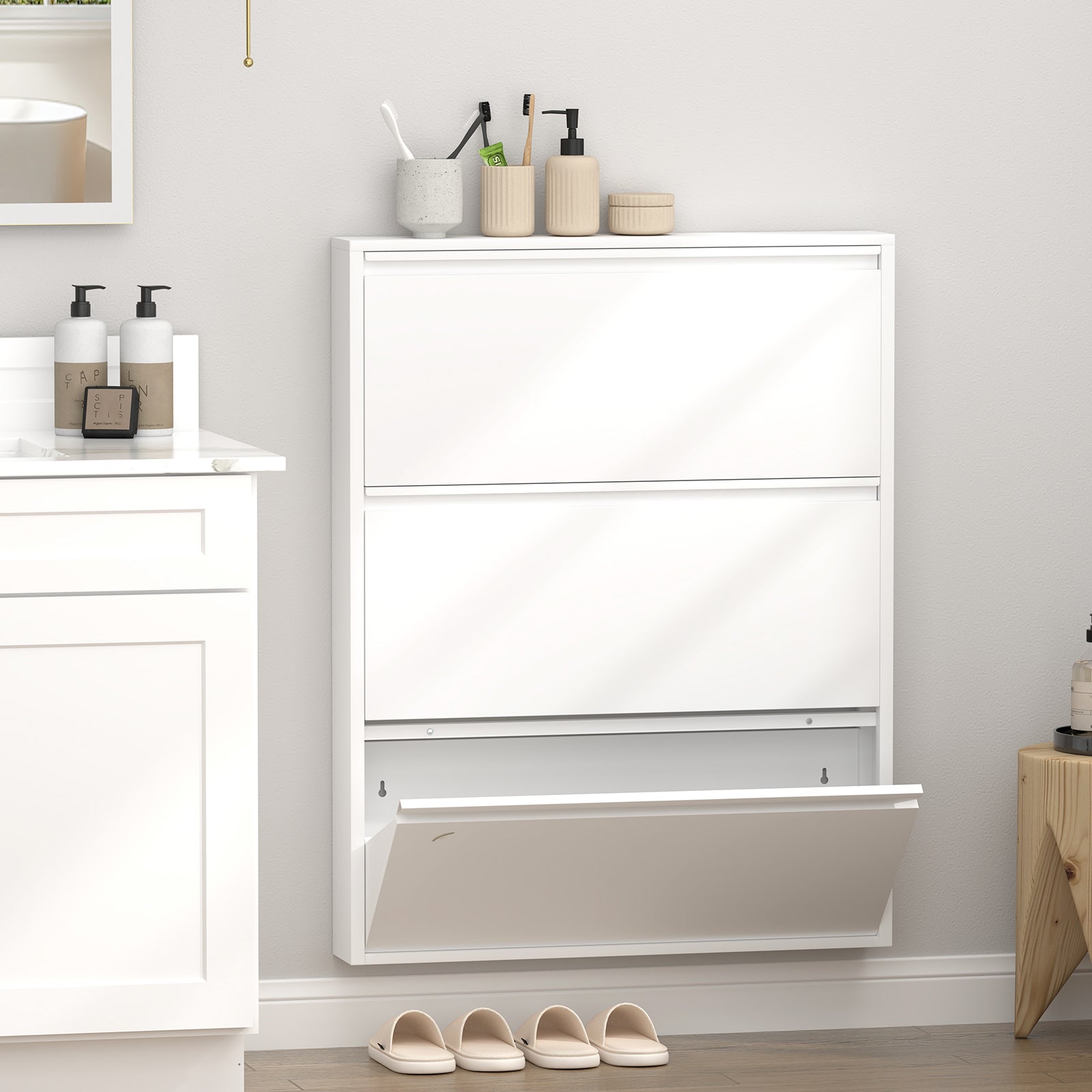 Metal Shoe Cabinet with 3 Flip Drawers, Wall Mounted Shoe Organizer, Narrow Slim Hidden Shoe Rack for Entryway,White image 1