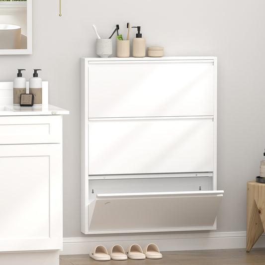 Metal Shoe Cabinet with 3 Flip Drawers, Wall Mounted Shoe Organizer, Narrow Slim Hidden Shoe Rack for Entryway,White image 1