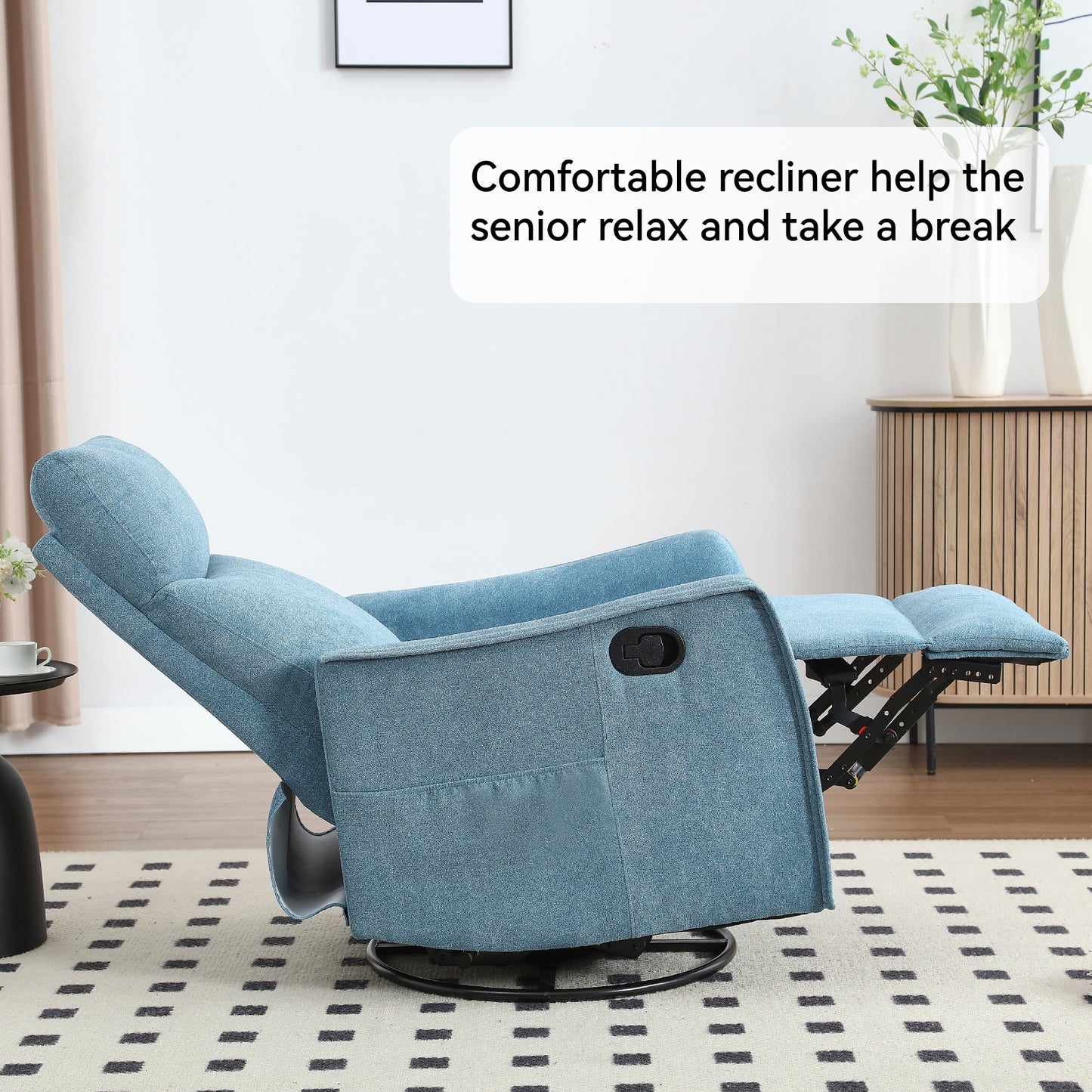 Heat Massage Manual Recliner Chair with Rocker and Swivel in Fabric for Living Room, Blue image 11