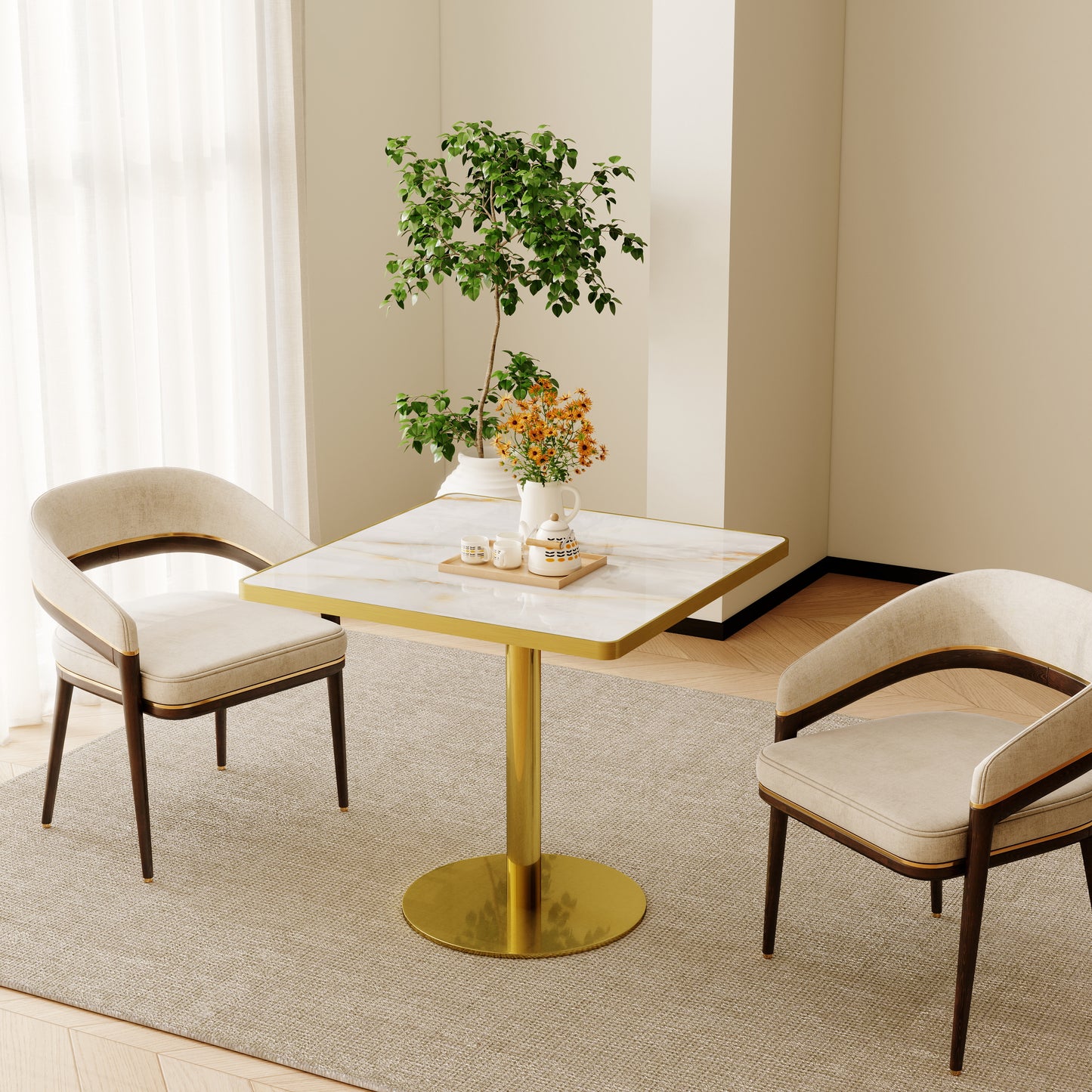 31.5" Square Modern Tulip Dining Table, Sintered Stone Tabletop with Luxury Faux Marble Print, Stainless Steel Bracket Base, Scratch & Wear Resistant, Waterproof Surface, Ideal for Indoor & Outdoor Us image 1