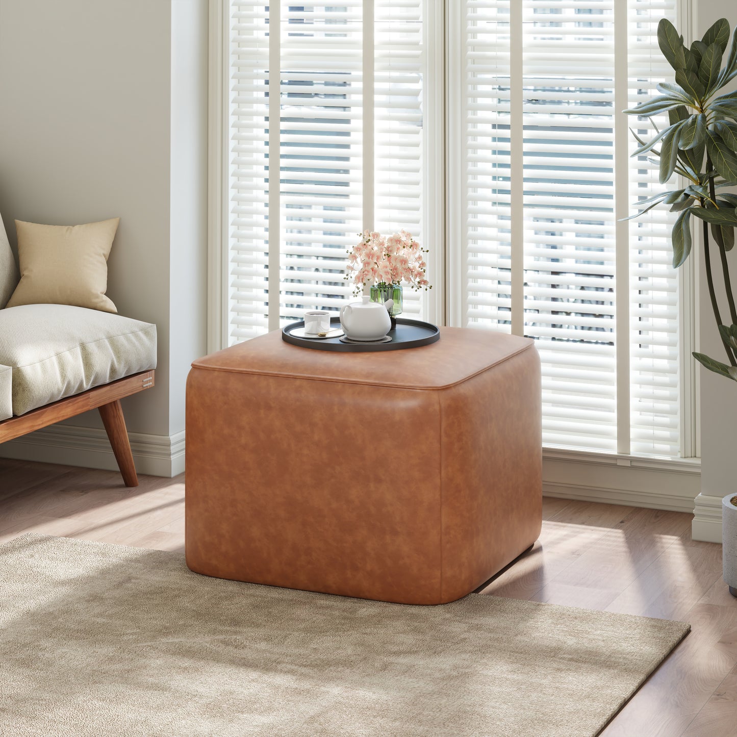 Upholstered Square PU Leather Ottoman,Tan (old sku N757P294261O) image 1