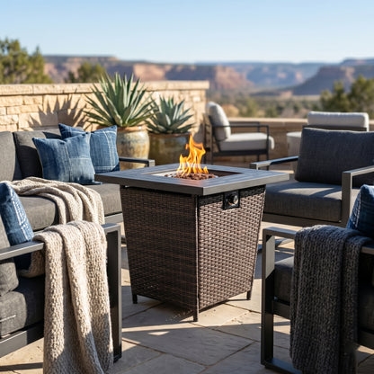 28" Propane Gas Fire Pit Table, 50000 BTU Square Steel Fire Pit with Beautiful Wicker Base for Outside Patio Deck Garden Backyard-Black image 2