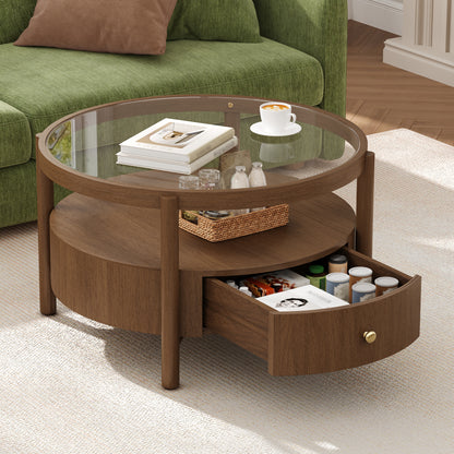 Solid Wood Round Glass Top Coffee Table with Storage Drawer, 2-Tier Mid Century Modern Circular Center Table, Walnut Wooden Cocktail Table for Living Room image 1