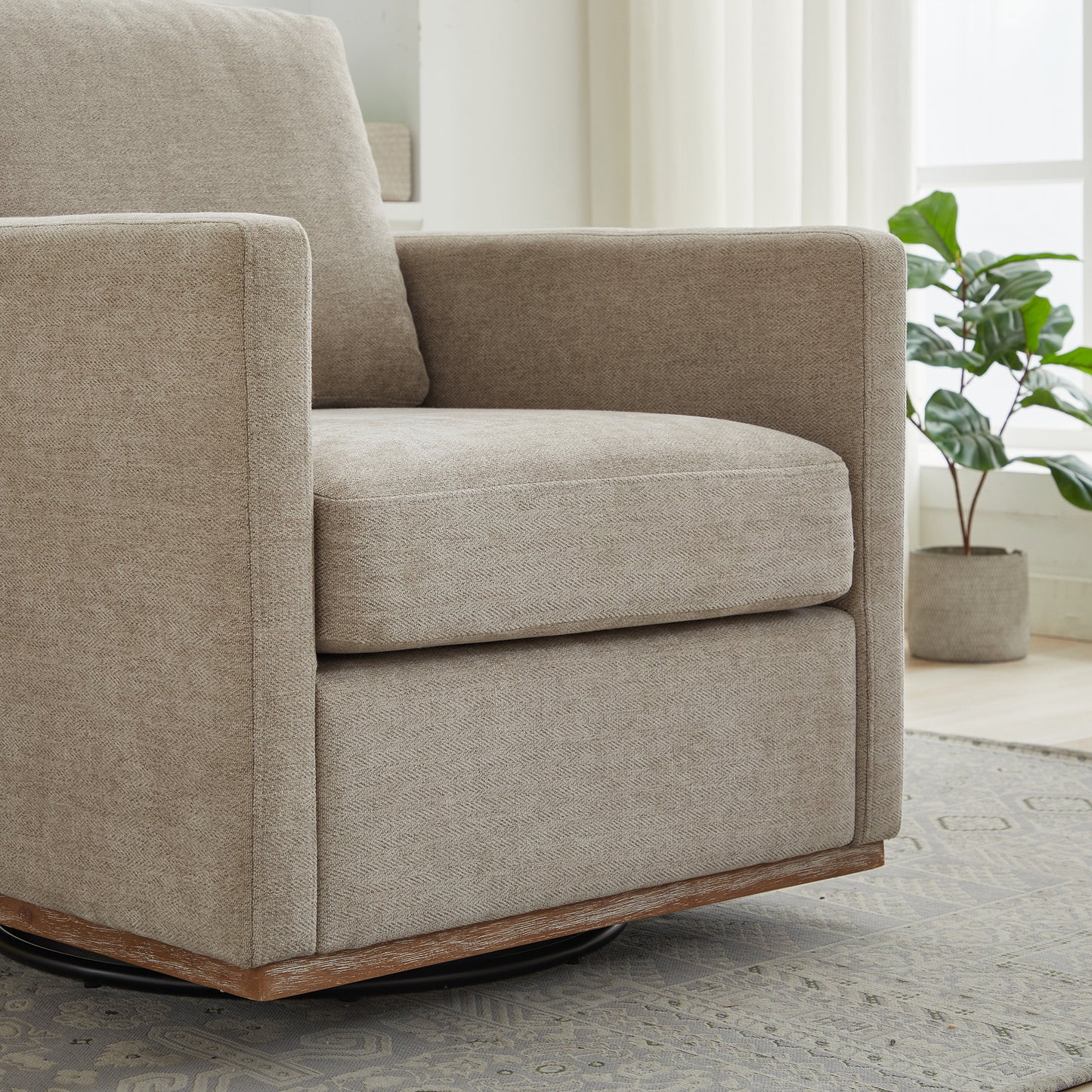 30.7"W Square Upholstered 360° Swivel Accent Chair and Comfy Single Sofa Chair with a Weathered Finished Wooden Base, Club Lounge Reading Armchair for Living Room Bedroom Apartment Nursery. Taupe image 9