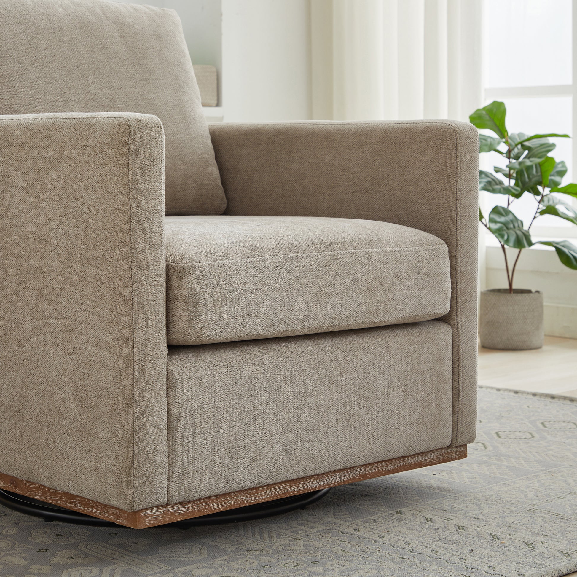 30.7"W Square Upholstered 360° Swivel Accent Chair and Comfy Single Sofa Chair with a Weathered Finished Wooden Base, Club Lounge Reading Armchair for Living Room Bedroom Apartment Nursery. Taupe image 9
