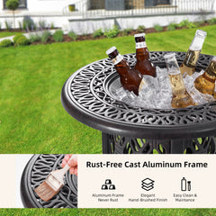 21"  Side Table With Removable Ice Bucket- Rustproof Cast Aluminum Frame, Hand-Brushed Finish, Food-Grade 304 Stainless Steel Bucket - Perfect for Indoor & Outdoor, Patio, Balcony, and Poolside