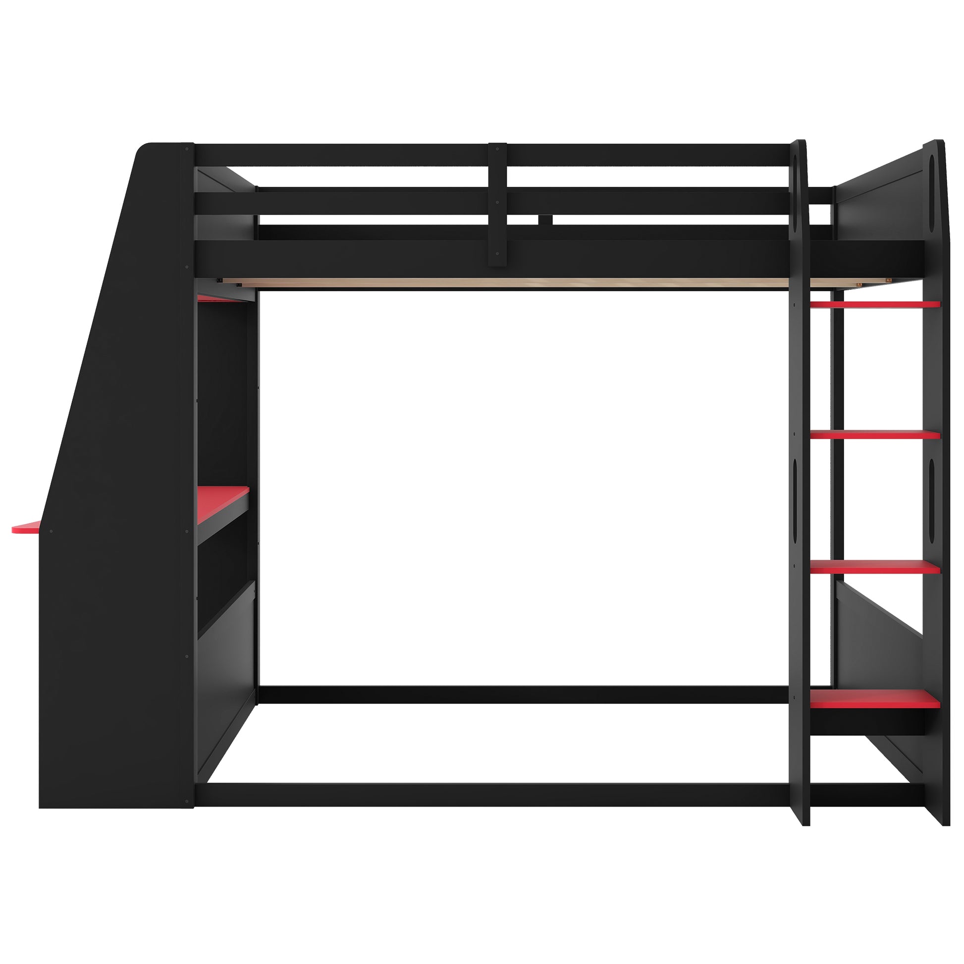 Full Size Wooden Gaming Bunk Bed with Desk,Two Storage Shelves,USB and LED Light image 11