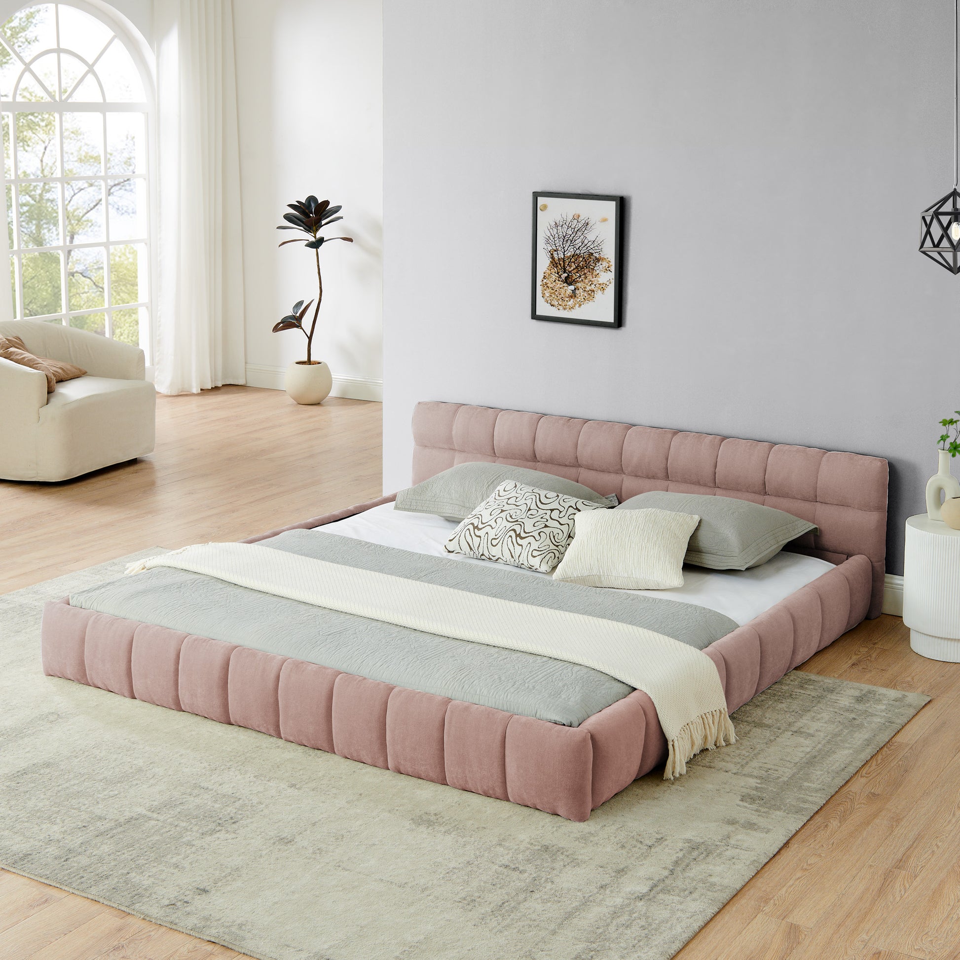 King size Upholstered Bed Frame with Thick Fabric, Chenille Fabric Grounded Queen Size Platform Bed with Headboard and Solid Frame. No Box Spring Needed-Pink(88.5''*85.5''*24'') image 1