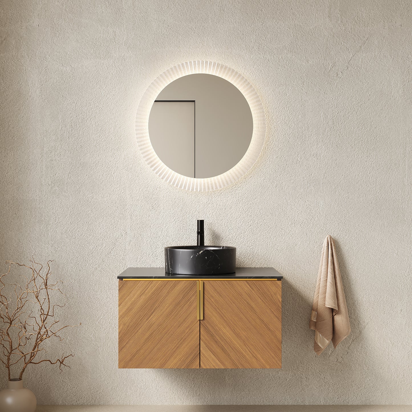 ARAI 30" Bathroom Vanity&Sink, Wall-Mounted Plywood Bathroom Storage Cabinet with Double Doors, Black Sintered Stone Countertop&Black Round Ceramic Basin with Stone Pattern, Brown Oak Woodgrain Color image 1