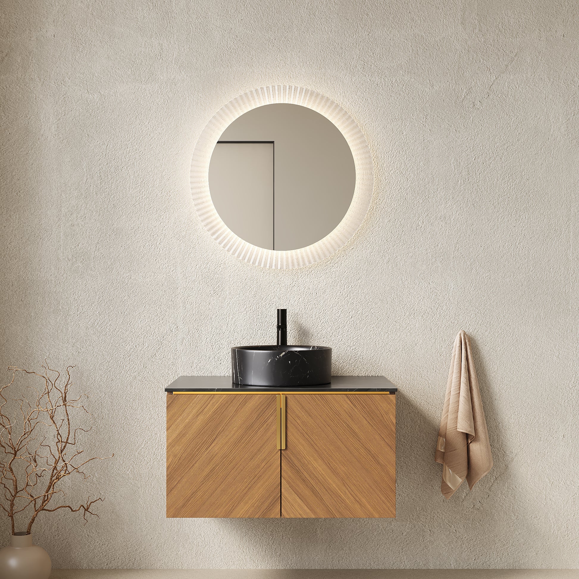 ARAI 30" Bathroom Vanity&Sink, Wall-Mounted Plywood Bathroom Storage Cabinet with Double Doors, Black Sintered Stone Countertop&Black Round Ceramic Basin with Stone Pattern, Brown Oak Woodgrain Color image 1