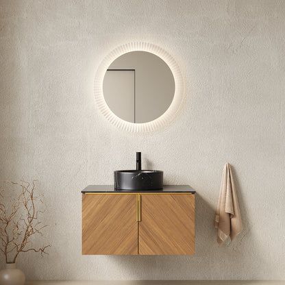 ARAI 30" Bathroom Vanity&Sink, Wall-Mounted Plywood Bathroom Storage Cabinet with Double Doors, Black Sintered Stone Countertop&Black Round Ceramic Basin with Stone Pattern, Brown Oak Woodgrain Color image 1