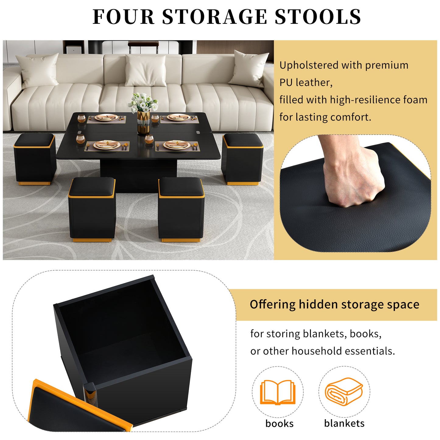 [Video Provided]VIBE HAUS Lift-Top Coffee Table with Storage Stools, Modern Center Table with Foldable Top, Multi-Functional Adjustable Coffee Table for Living Room(OLD SKU:N724P292506B) image 5