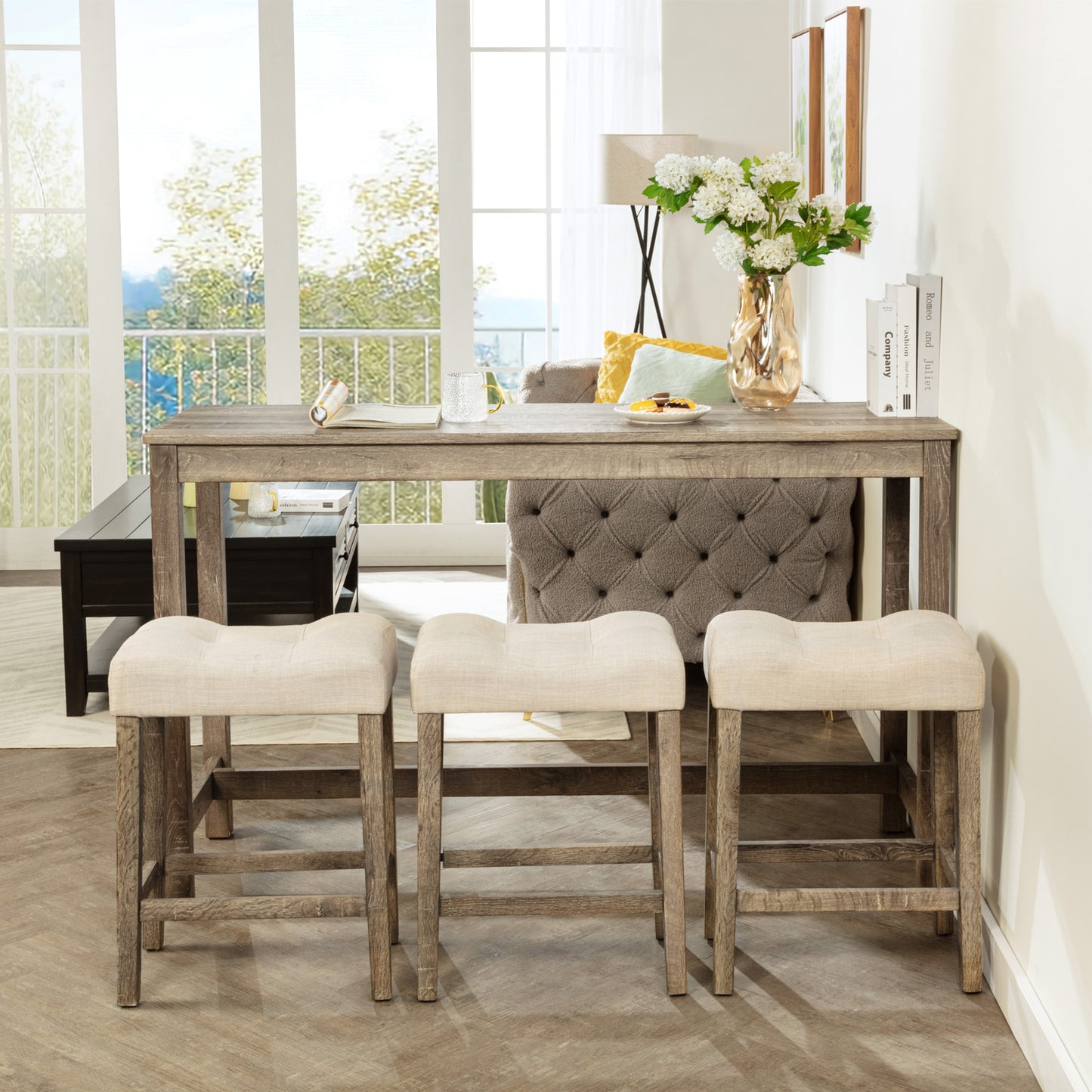 4-Piece Bar Table Set with Power Outlet, Dining Bar Table and Chairs Set,Bar Table Set with 3 Padded Stools for Living Room, Dining Room, Game Room, Brown image 2