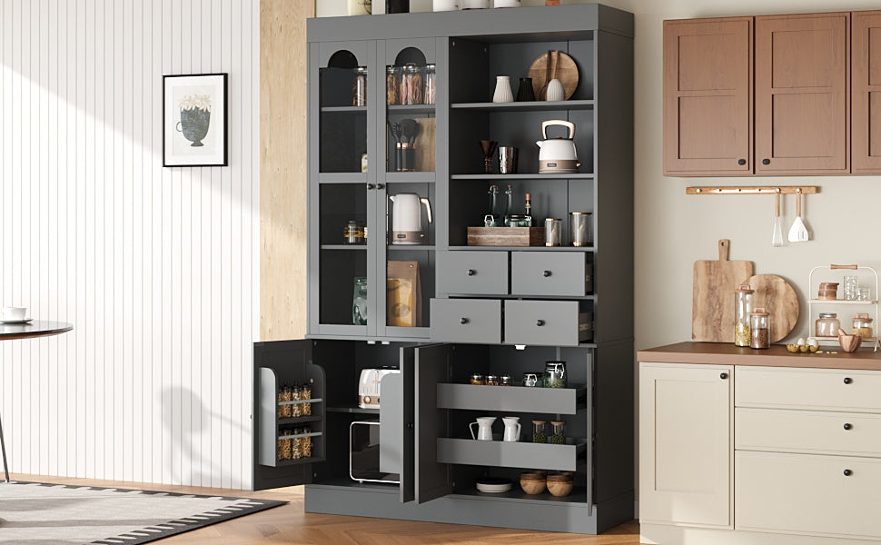 [Assembly Video Provided] TOPMAX 47.2x15.7x75inch Freestanding Buffet with Hutch, Tall Kitchen Pantry Cabinet with 4 Drawers, Door Shelves and Pull-out Trays for Dining room, Living Room, Gray image 5
