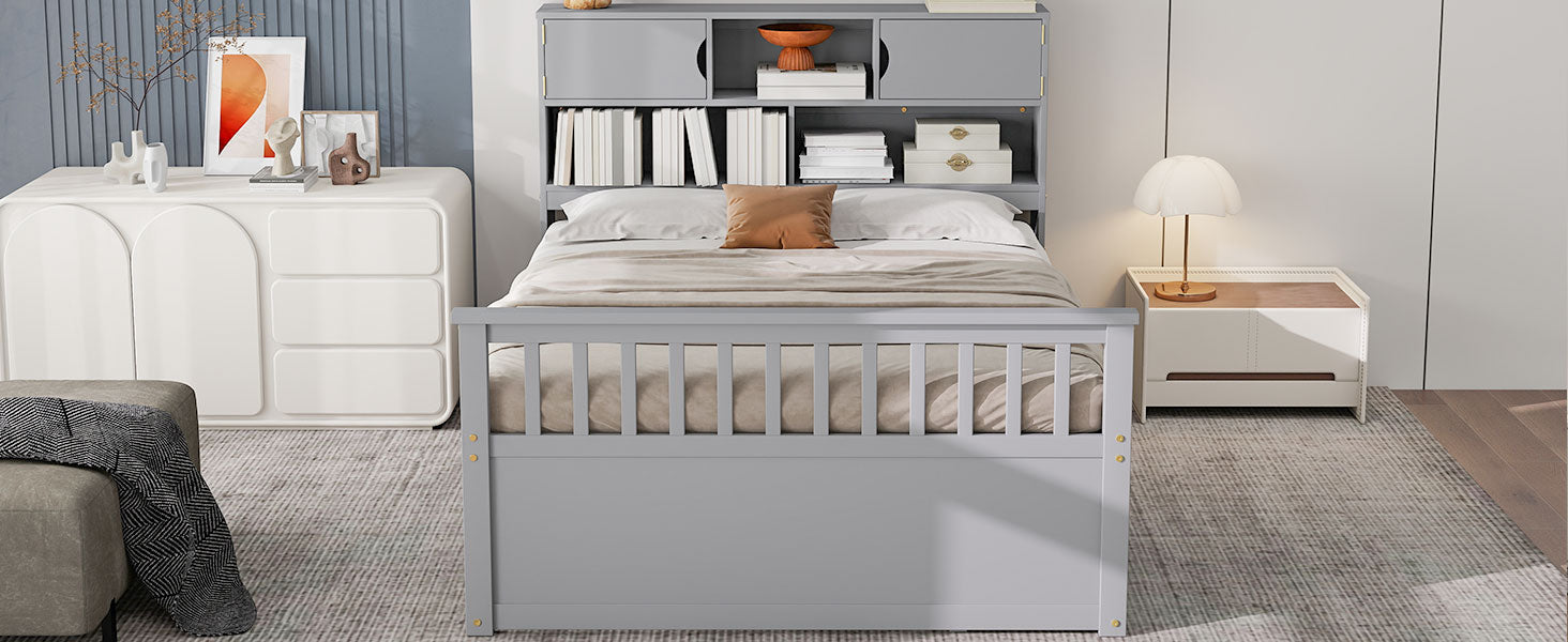 Full Size Captain Platform Bed Frame with Storage Bookcases and Shelves,Four Drawers,Gray image 9