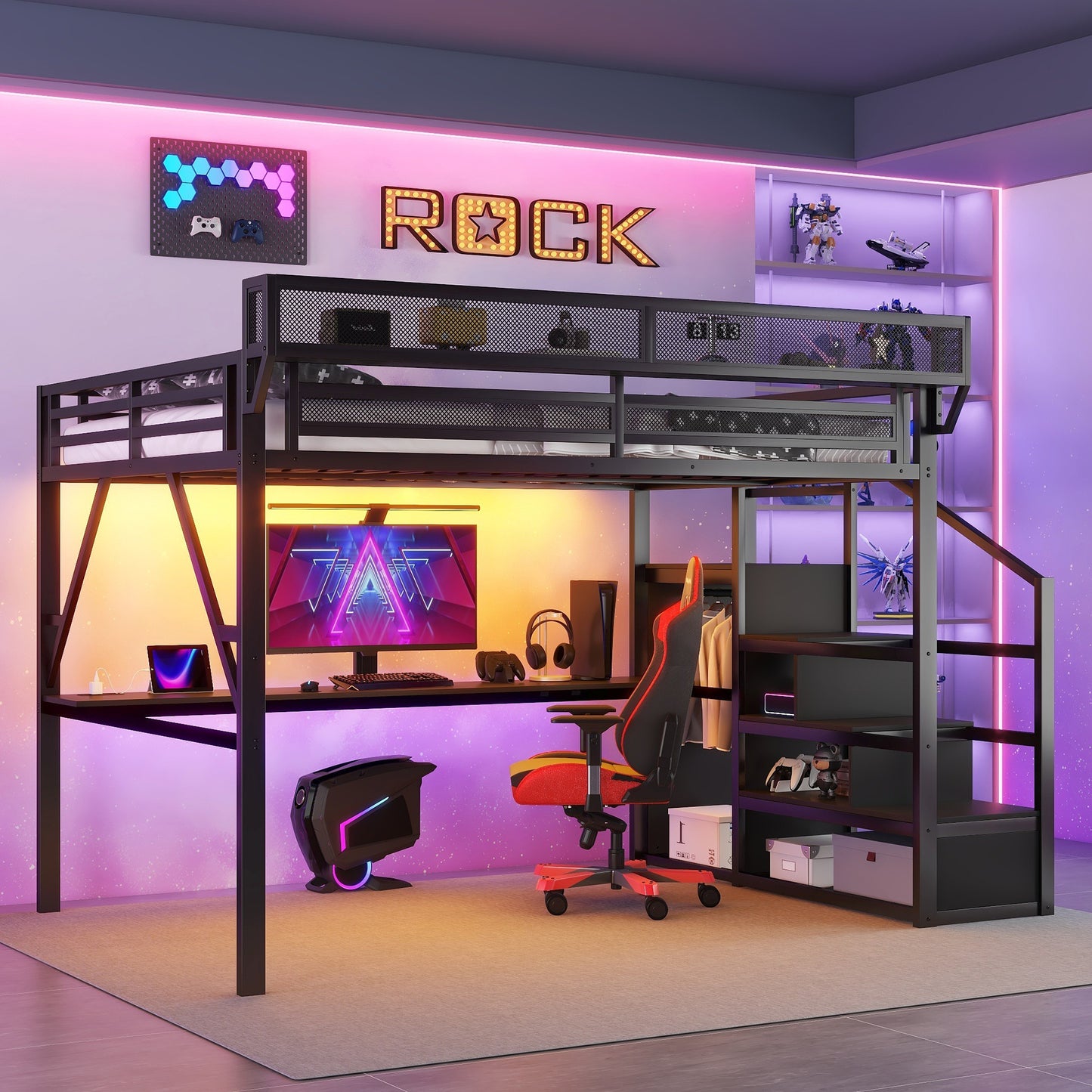 Queen Loft Bed with Desk and Charging Station, Queen Size Metal Loft Bed with Stairs and Light for Kids Teens, Black (Expect Arrival Date 2026/3/25) image 3