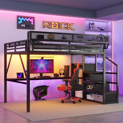 Queen Loft Bed with Desk and Charging Station, Queen Size Metal Loft Bed with Stairs and Light for Kids Teens, Black (Expect Arrival Date 2026/3/25) image 3
