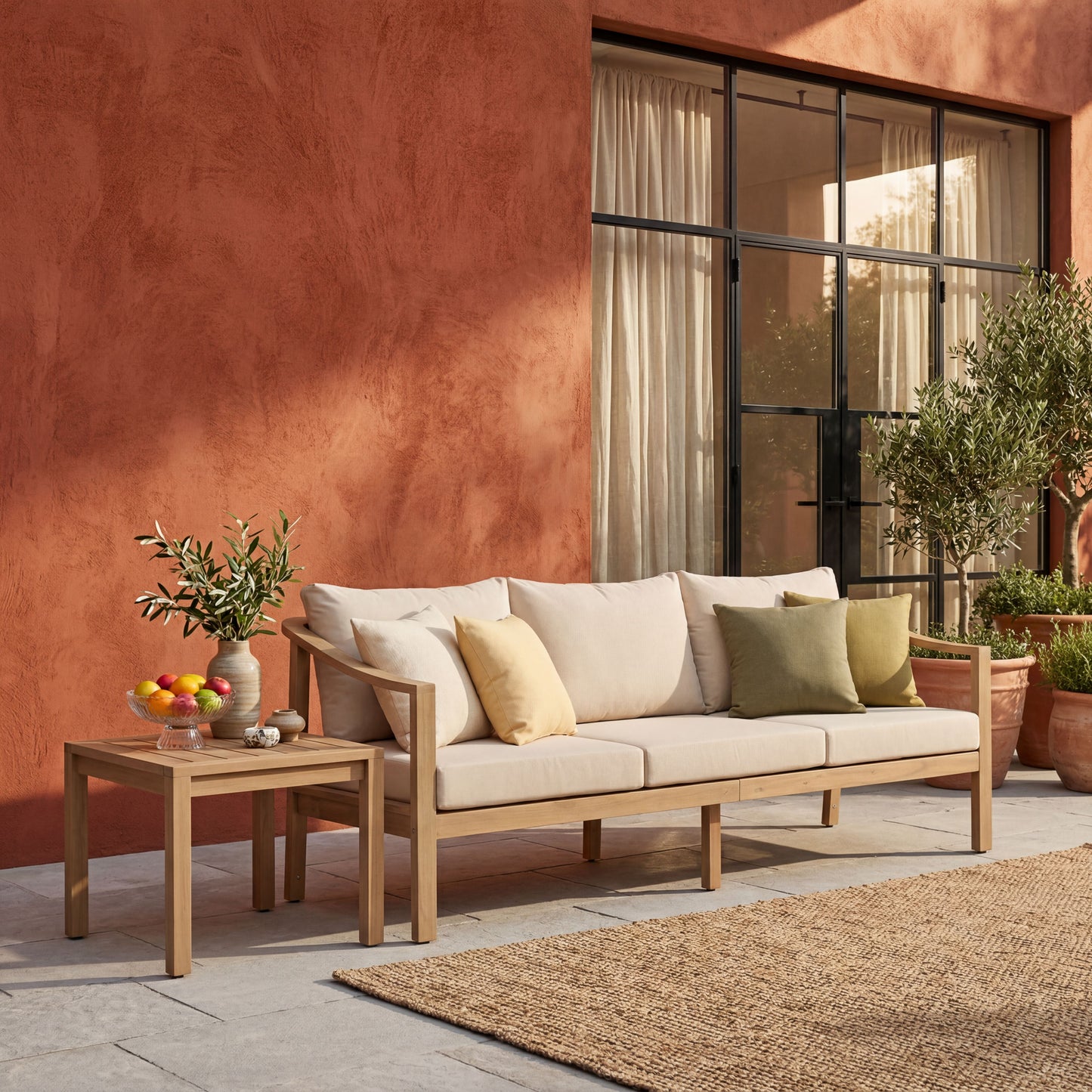 77.95" outdoor acacia wood frame, 26.38" deep seat design with soft cushion, three-seater sofa,slatted wood backrest,suitable for porches,gardens,backyards,and balconie (Light Teak+Beige Cushion) image 1