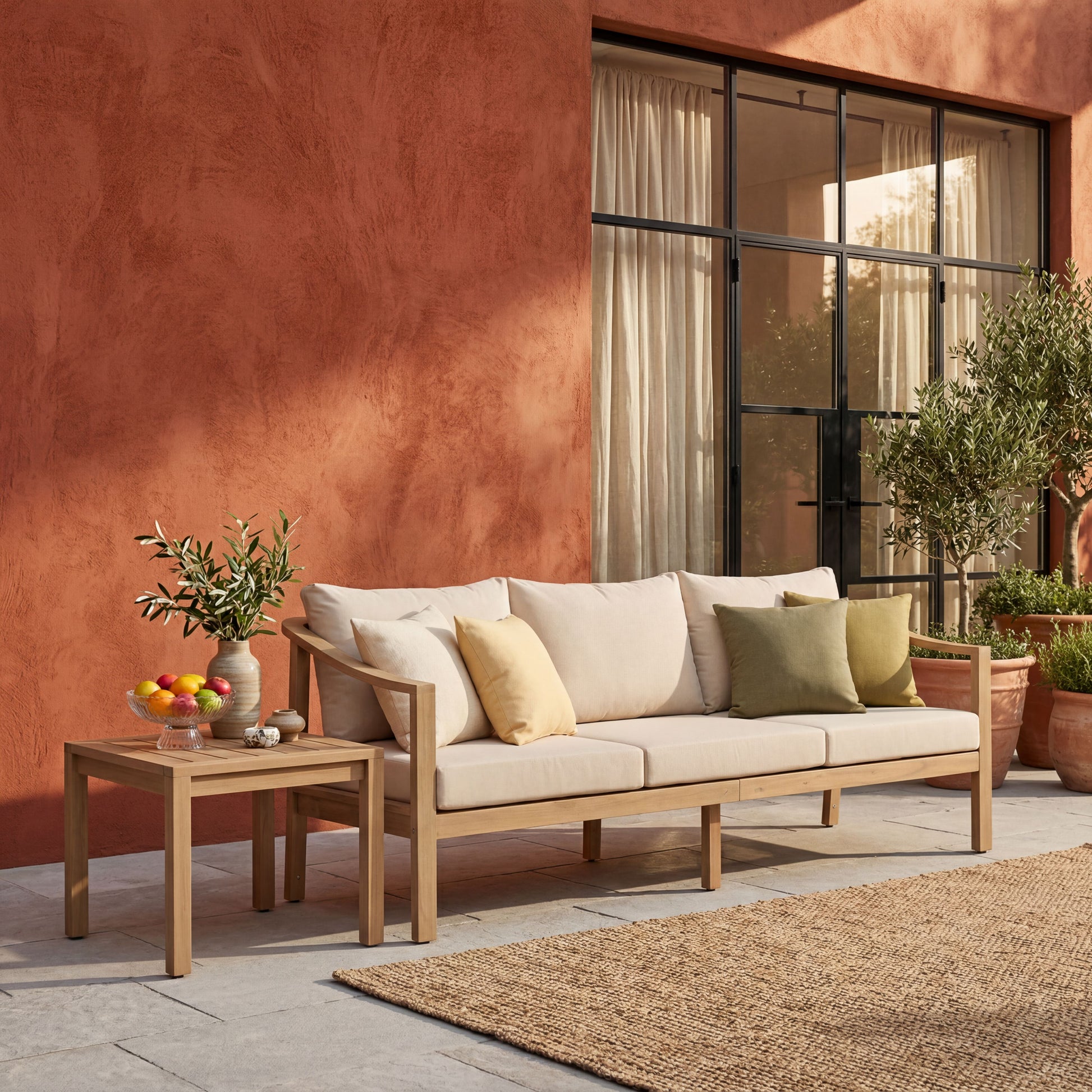 77.95" outdoor acacia wood frame, 26.38" deep seat design with soft cushion, three-seater sofa,slatted wood backrest,suitable for porches,gardens,backyards,and balconie (Light Teak+Beige Cushion) image 1