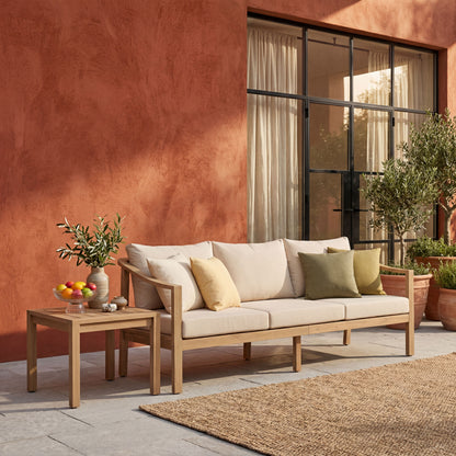 77.95" outdoor acacia wood frame, 26.38" deep seat design with soft cushion, three-seater sofa,slatted wood backrest,suitable for porches,gardens,backyards,and balconie (Light Teak+Beige Cushion) image 1