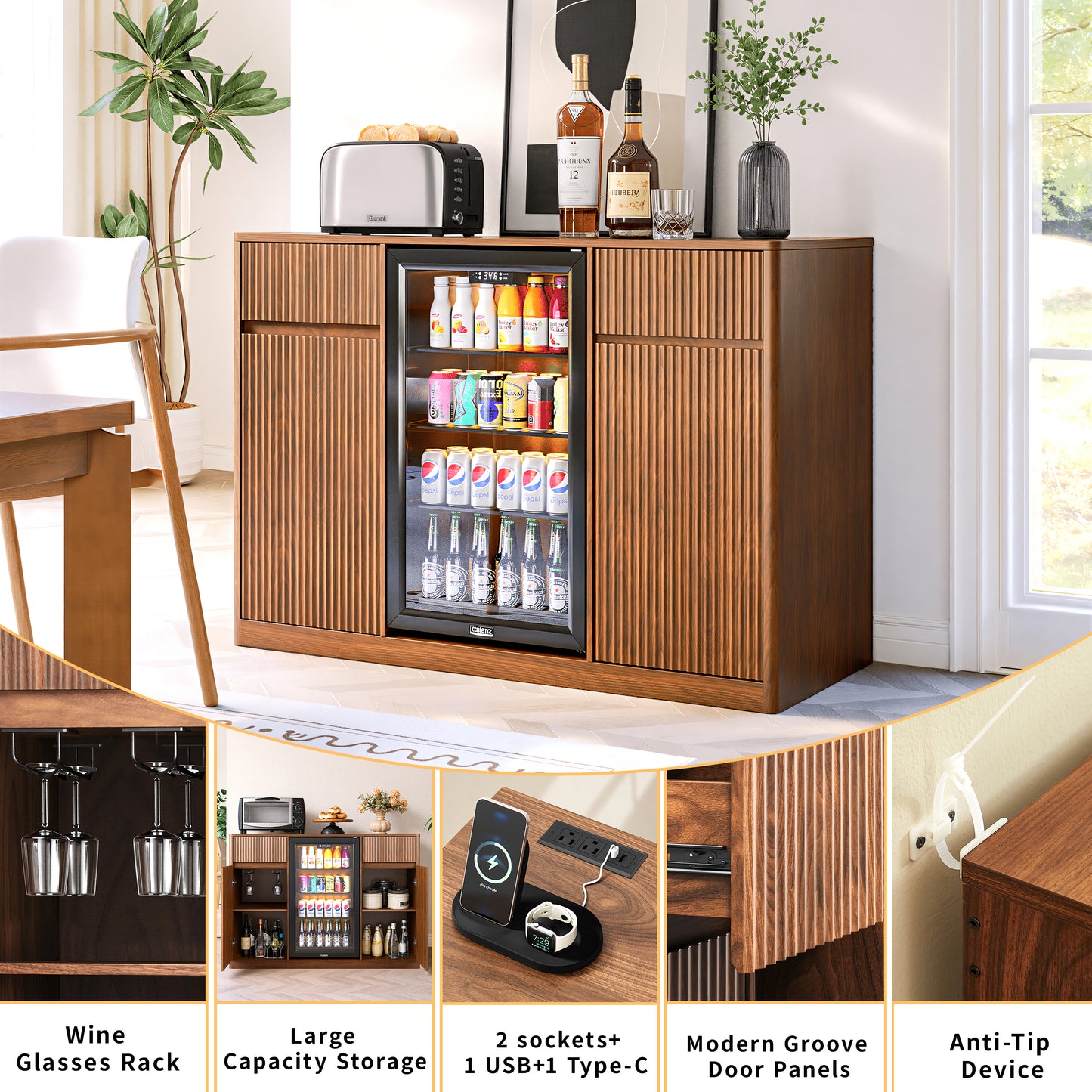 53.2"Fluted Buffet Wine Cabinet with Mini Fridge Nook(Fridge Not Included), Charging Station&Adjustable Shelves, Sideboard Storage Cabinet for Kitchen Living Room,Walnut image 9