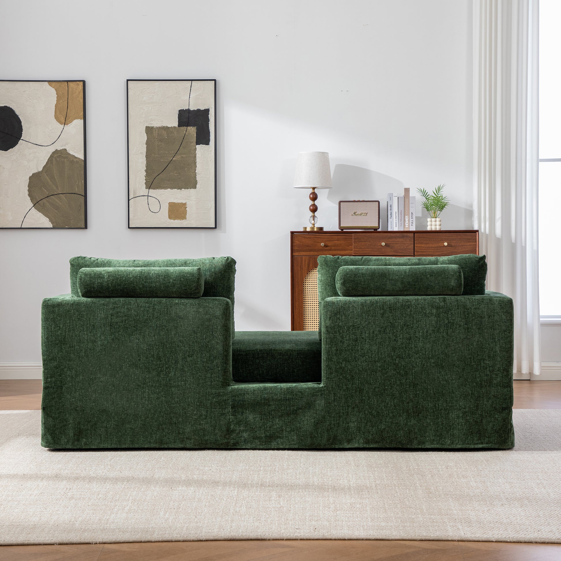 82.68" Wide Extra-large Double-seater Sofa, Chenille Upholstered, With Two Armrest Pillows And Two Backrest Pillows, Suitable For Bedrooms, Living Rooms, And Window Seating.Green image 3