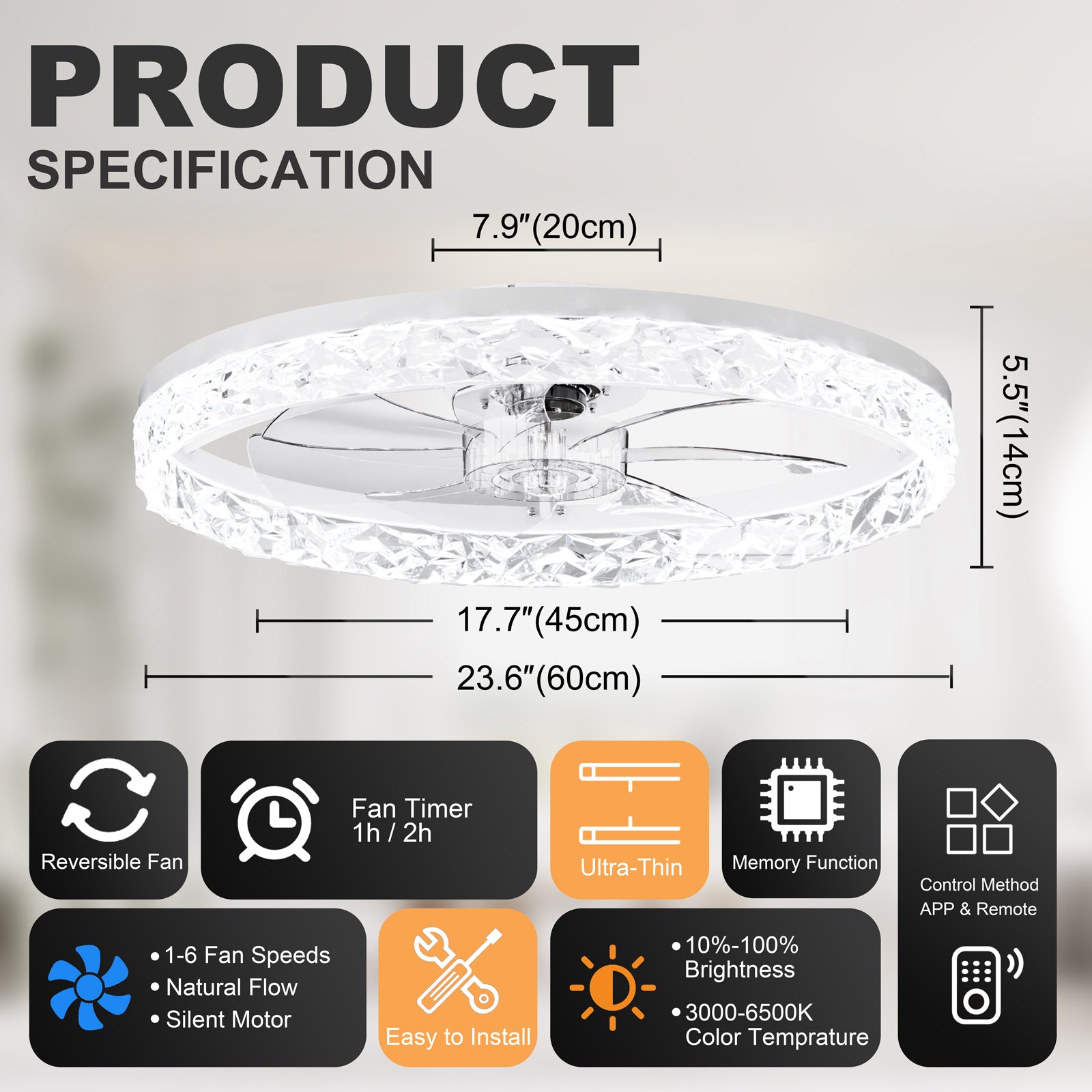 23.6" Ceiling Fans with Lights Remote and APP Control, Dimmable 3-Color and 6-Speed quiet DC Motor, WHITE Ceiling Fan for Bedroom Living Room image 8