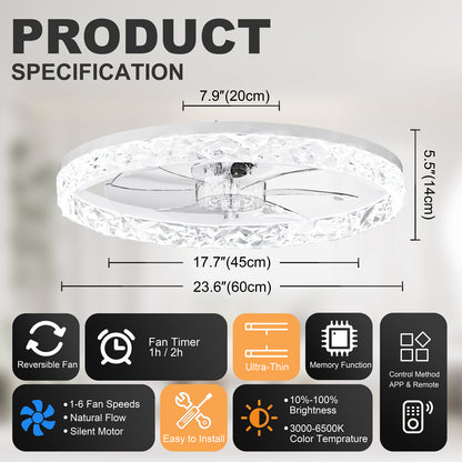 23.6" Ceiling Fans with Lights Remote and APP Control, Dimmable 3-Color and 6-Speed quiet DC Motor, WHITE Ceiling Fan for Bedroom Living Room image 8
