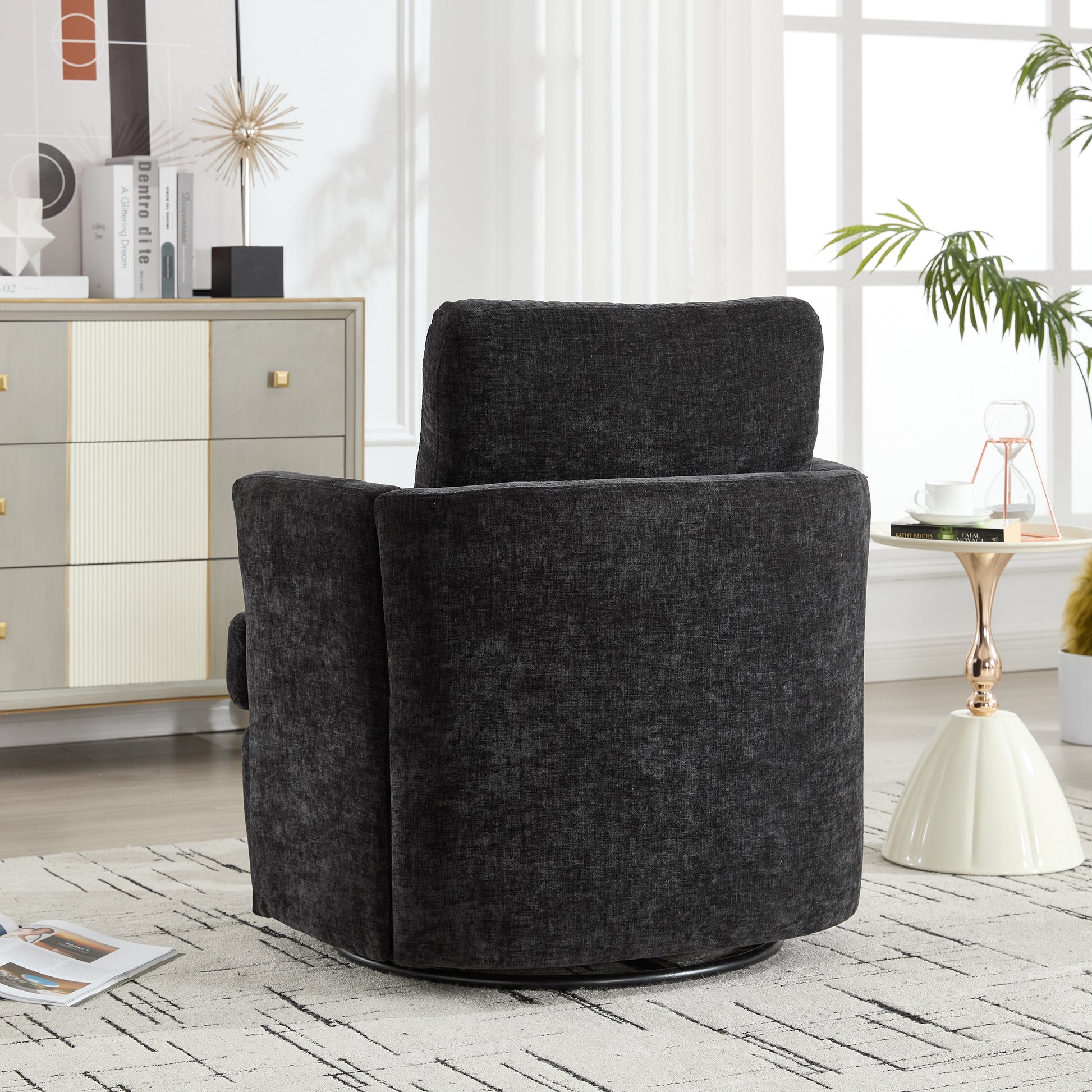 Vanity Chair,Swivel Accent Chair, 360 Degree Round Swivel Barrel Chair, Upholstered Comfy Swivel Chairs for Living Room,Accent Chairs for Bedroom, Reading Room,Powder Room,Black image 3